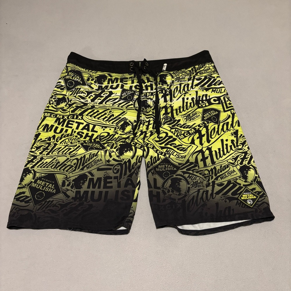 Metal Mulisha Mens Board Shorts Size 38 Lime Green Black Graphic Fade Motocross
